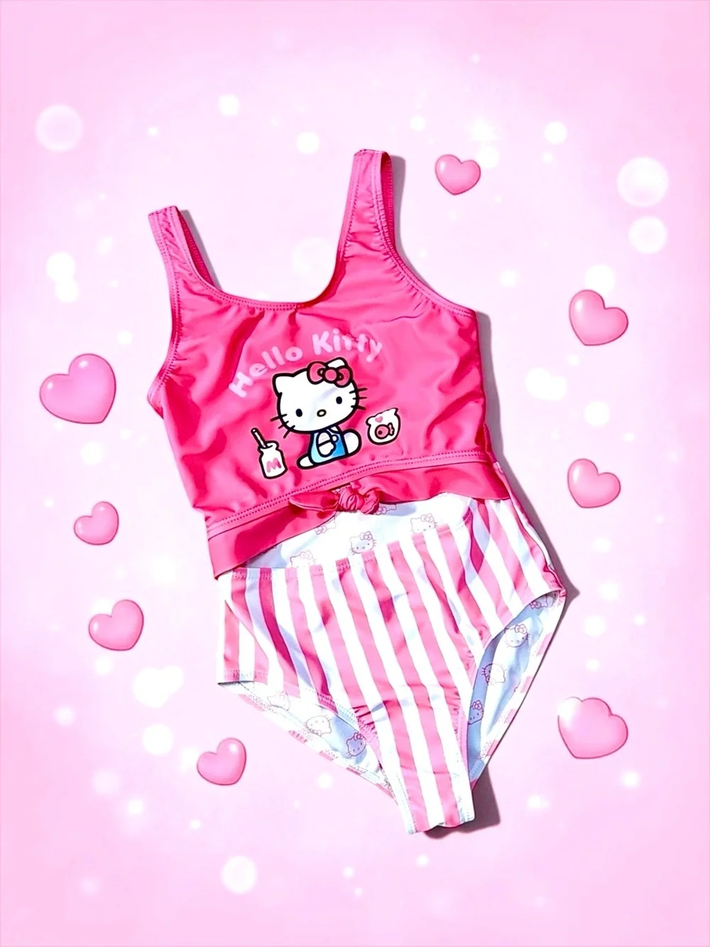 Hello Kitty by Sanrio Girls Swimsuit Pink Striped One‑Piece S 6/6X EUC